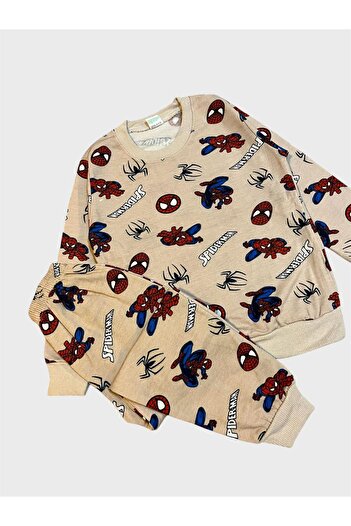 tusem butik homewear Boy's Cotton Ribbed Beige Long Sleeve Winter Pajama Set