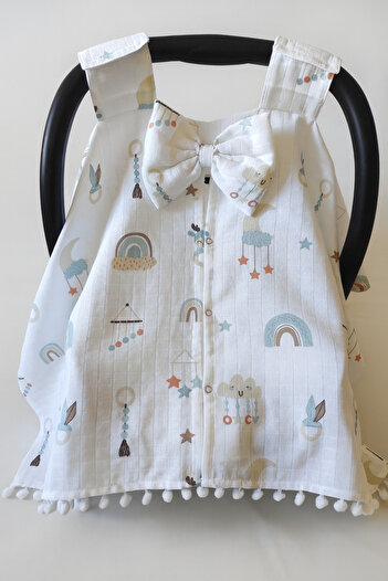 nelcollection Muslin Stroller Cover and Baby Carrier Cushion, Set of 2, with Bib Gift, 100% Cotton Fabric, Heart Pattern