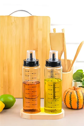 FBZhome 2 Pieces Drip-Free Smart Oil Pot Vinegar Glass Oil Pot with Wooden Stand