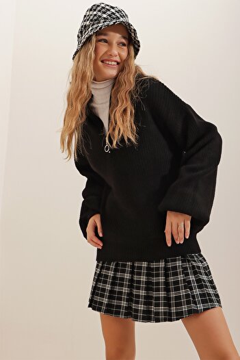 Trend Alaçatı Stili Pulover de damă, negru, cu fermoar în față, din tricot Thessaloniki, cu guler ridicat, ALC-X7222