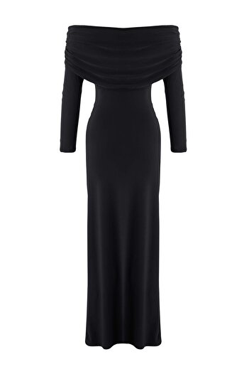 Trendyol Collection Limited Edition Black Shirred Carmen Neckline Stretchy Maxi Knitted Dress Twoaw26El00112