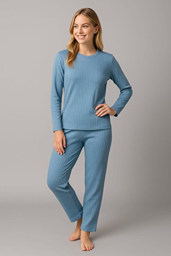 enmodaiçgiyim Mavi Çizgili Kadın Pijama Takımı – Uzun Kol, Rahat Kalıp, Yumuşak Kumaş, Esnek