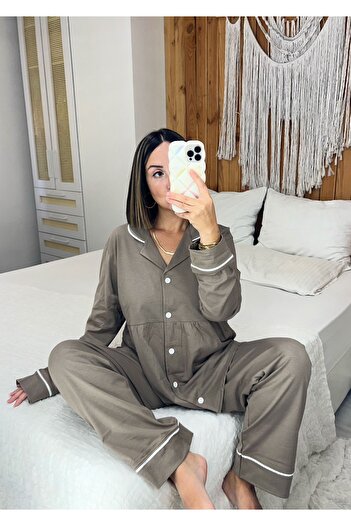 Pijamapartisi Vizon renk Penye Kumaş Pileli Hamile Lohusa Pijama Takımı (geniş Kalıptır