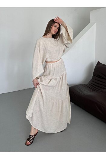 Laluvia Natural 100% Cotton Side Slit Detailed Skirt Blouse Set