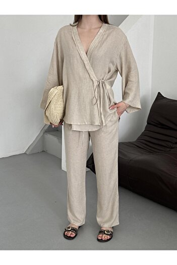 Laluvia Natural Detailed Side Tie Linen Fabric Kimono Set