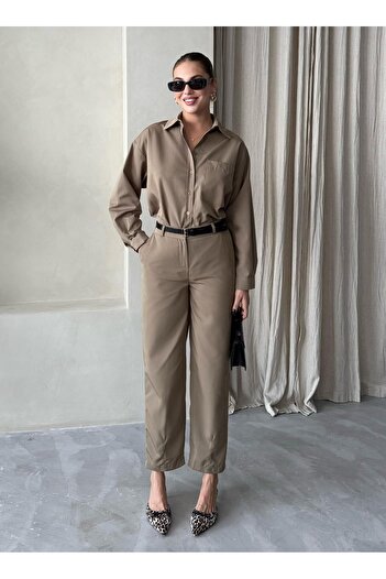 Laluvia Khaki Merlin Belted Shirt Trousers Set