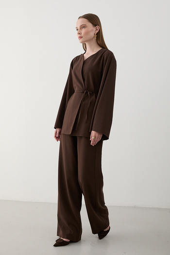 Laluvia Brown Drawstring Kimono Set - 8864