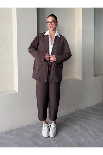 Laluvia Brown Holly Pocketed Blazer Jacket Pants Set