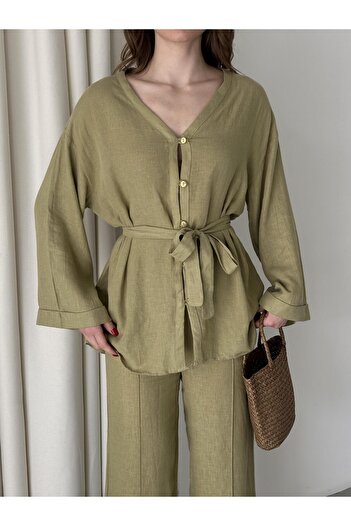 Laluvia Khaki 100% Cotton Belted Shirt Pants Set