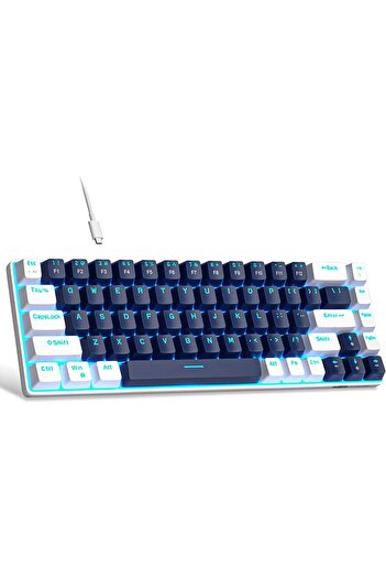 Timebox Tastatură mecanică de gaming, 60%, lumini LED, 68 de taste, cu cablu Type-C, comutator albastru, portabilă, albastru