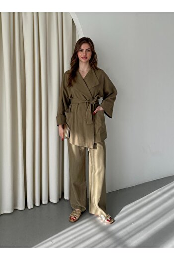 Laluvia Khaki Romina Raw Linen Jacket Pants Set
