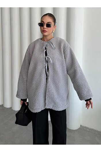 Laluvia Graue Teddyjacke mit Schnürung vorne