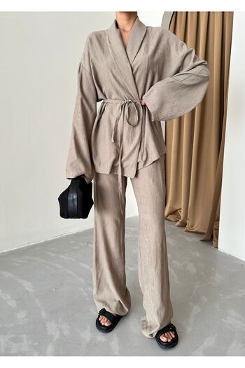 Laluvia Zelený šálový límec Kimono Kalhoty Set