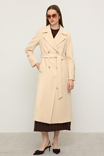Olcay Limited Edition Coat with Knit Stitch Detail and Self-Made Pattern Cream 3134
