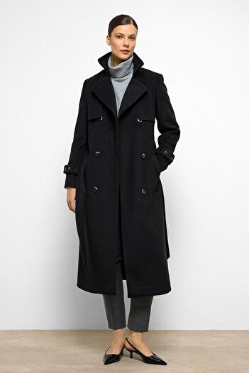 Olcay Cloak Detailed Double Breasted Coat Black 3091