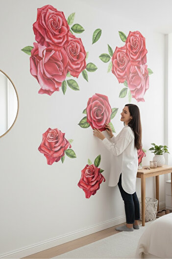 Kt Grup Red Peony Flower Patterned Wall Sticker Set for Modern Living Room and Living Room