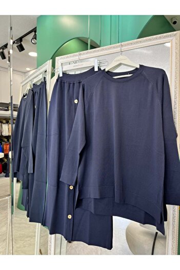 MERAM BUTİK Adn Thin Knitwear Suit with Skirt - Navy Blue - 1