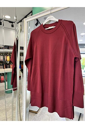 MERAM BUTİK Adn Thin Knit Tunic with Hair Braiding - Burgundy - 2