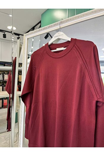 MERAM BUTİK Adn Thin Knit Tunic with Hair Braiding - Burgundy - 2
