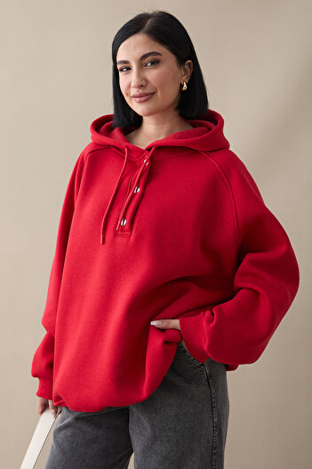 InStyle Sweat roșu cu glugă cu guler snap