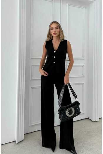 Cemre Life Women's Button Detailed - Vest Pants Knitwear Set