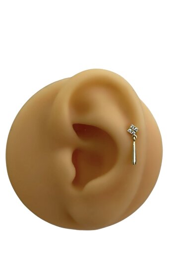 Siminkari 925 Ayar Gümüş Üzerine Mikron Altın Kaplama Gold Taşlı Çubuk Sallantılı Piercing Tragus Helix