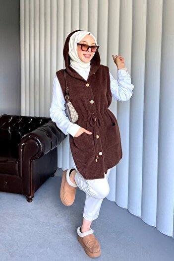 Safgiyim44 Angora Pocketed Waist-Tied Vest Brown