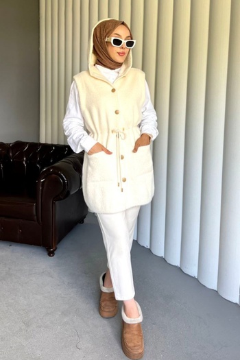 Safgiyim44 Angora Pocketed Waist-Tied Vest Cream