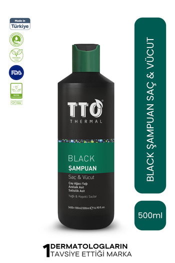 TTO Hair and Body Shampoo 500 ml Black for Acne and Rosacea Skin (Tea Tree Oil)