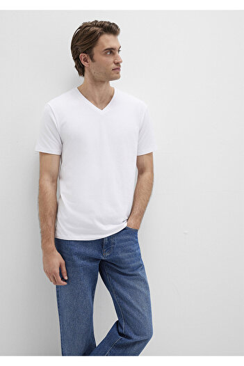 Mavi Weißes Stretch-T-Shirt mit V-Ausschnitt - Taillierter Schnitt061748-620
