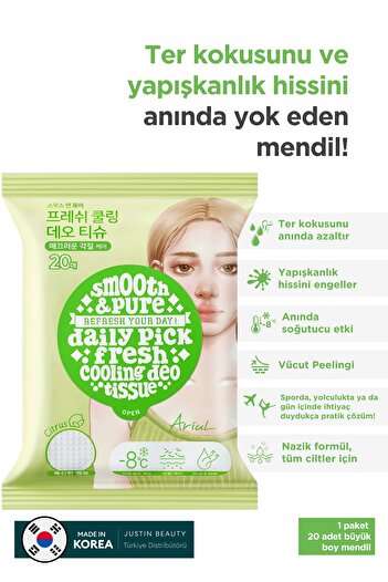Ariul Smooth & Pure Fresh Cooling Deo Tissue (20 pcs) - Multi Fonksiyonel Vegan Deodorant Mendil