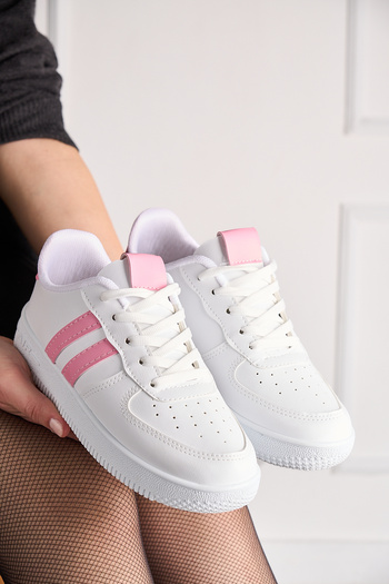 Nstil Günlük Unisex Beyaz Pembe Spor Ayakkabı Bağcıklı Dikiş Detaylı Hafif Kalın Yüksek Taban Sneaker 4005