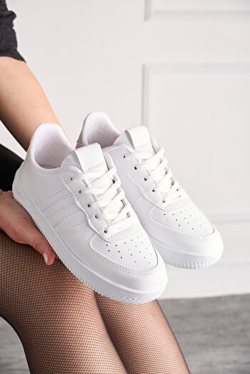 Nstil Günlük Unisex Beyaz Spor Ayakkabı Bağcıklı Dikiş Detaylı Hafif Kalın Yüksek Taban Sneaker 4005