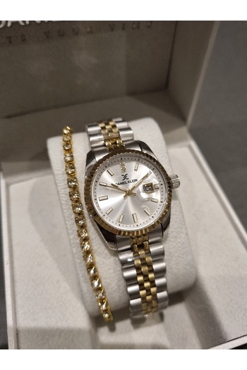 Daniel Klein Yellow Metallic Steel Bracelet Calendar Women's Wrist Watch+Gift Bracelet