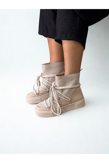 NE&VE SHOES Γυναικείες μπότες με κορδόνια με γνήσιο δέρμα σε μπεζ σουέντ με επένδυση από βελούδο