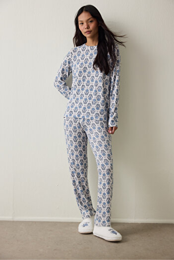Penti Floral Printed Tea Time Thermal Effect Sweatshirt Pajama Top