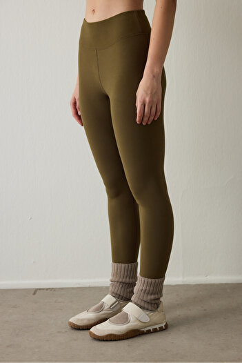 Penti Dark Oil Green Thermal Effect Velvet Textured V-Cut High Waist Leggings