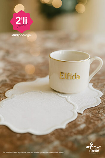 ELFİDA Luxury Embroidered Cocktail Coffee Serving Tray Napkin Mini Placemat - Silver Glitter Baroque Design 1