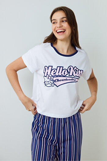 Penti Optisches weißes Hello Kitty gestreiftes Kurzarm-Pyjama-Set mit Rundhalsausschnitt