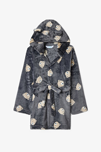 Penti Broken Gray Boy's Bear Patterned Tie-Up Dressing Gown