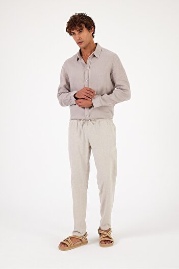 VENA Alfred Beli Elasticated Striped Linen Trousers - Gray Striped