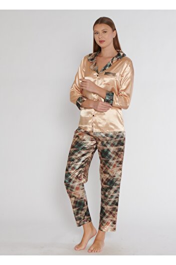FAAL Satin Lace Detailed Dressing Gown with Shorts 3 Piece Set 3603 Mink