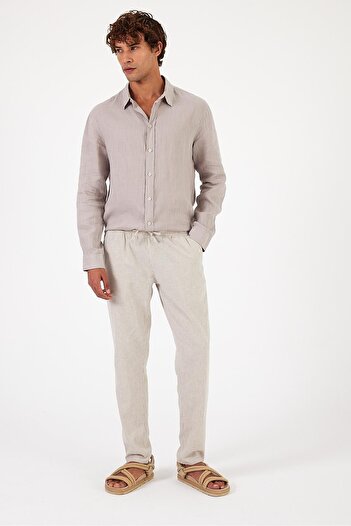 VENA Alfred Beli Elasticated Striped Linen Trousers - Gray Striped