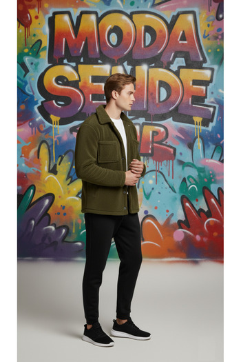 modasende Men's Pocket Detailed Plush Shirt and Tracksuit Combination, Top and Bottom