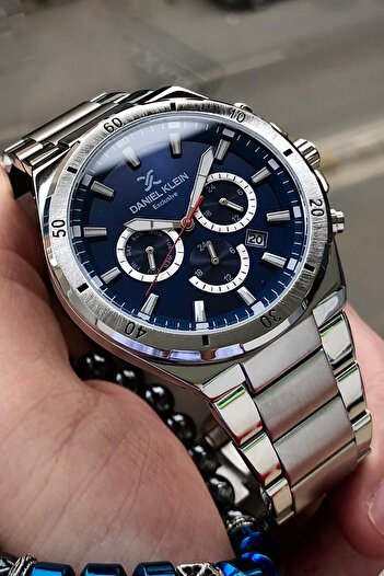 Daniel Klein Men's Wristwatch 3 Atm Waterproof Silver Color Steel Strap Natural Stone Bracelet