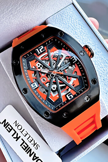 Daniel Klein Automatic Rectangular Men's Wristwatch Waterproof Orange Silicone Band - Gift Bracelet Dke2145C1