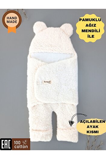 Tomuycuk 0-12 Months Fiber Plush Welsoft Eared Ecru Outer Baby Swaddle & Blanket Winter Sleeping Bag