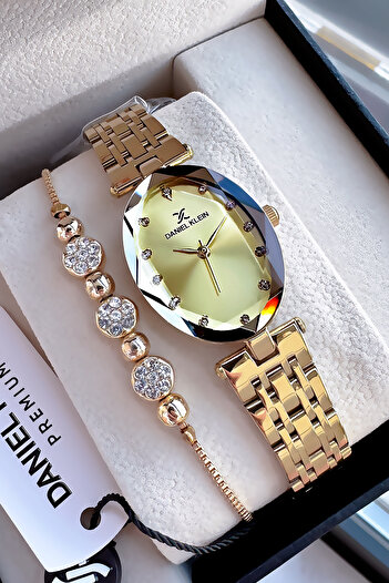 Daniel Klein Oval Case Cutout Glass Waterproof Women's Wristwatch Gold Color Steel Cord Gift Bracelet Dkby2034C7