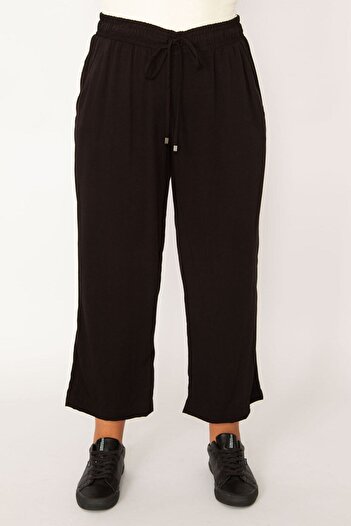 Şans Women's Black Woven Viscose Fabric Trousers with Elastic Waist and Lace Detail and Side Pockets 65n33981