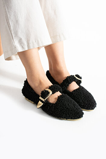 Moda Devrin Women's Black Wool Buckle Winter Ballerina Shoes for Home and Outdoor Use